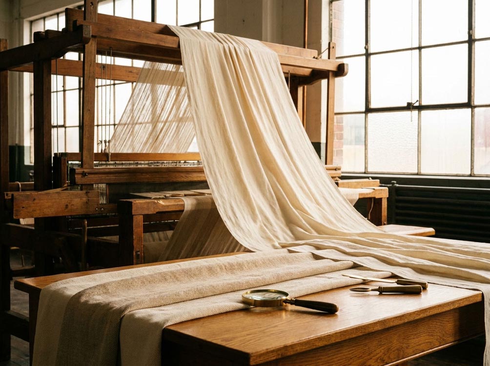 High-end textile manufacturing showing soft cotton fabrics being woven.