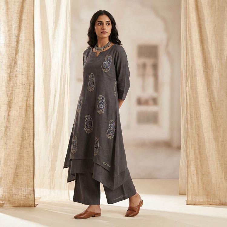 Contemporary ethnic wear kurti with traditional patterns.