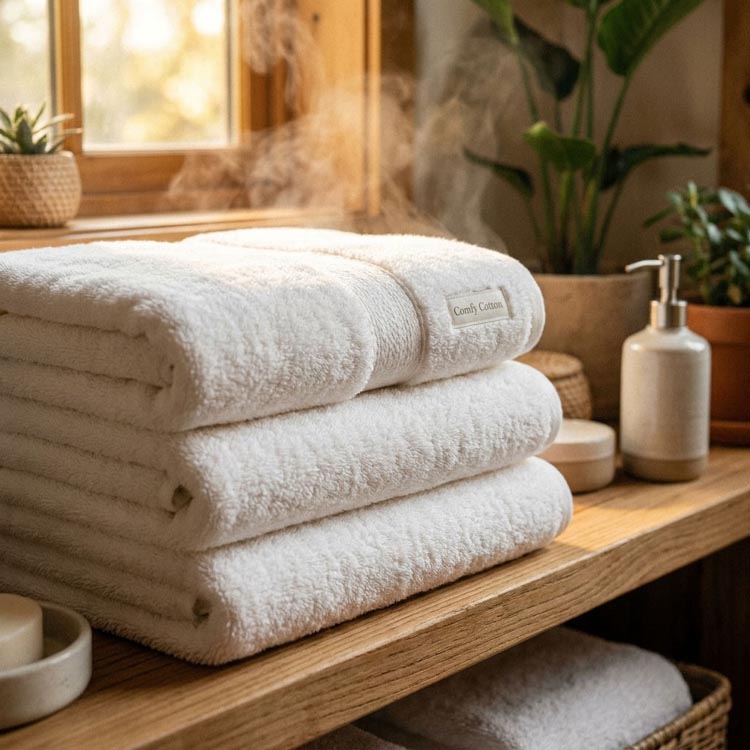 Premium soft white cotton towels stacked in luxury spa.